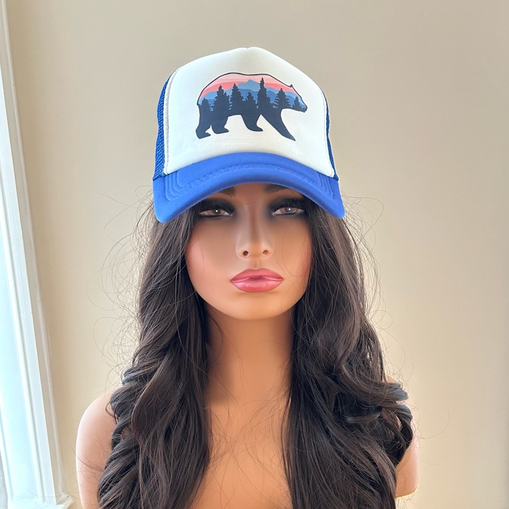 Bear with Mountains and Trees on White and Royal Blue Hat Cap